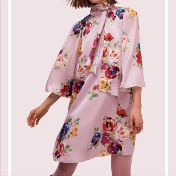 Kate Spade Collection Rare Roses SilkTie Neck Floral Dress 14 NWT